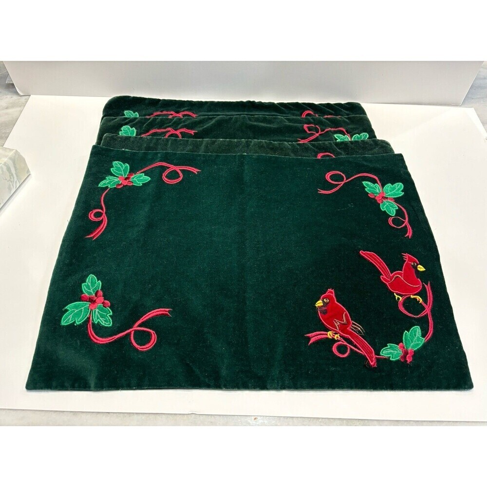 Christmas Placemats Quilted Embroidered Velvet Cardinal Holly Set of 4 13x17